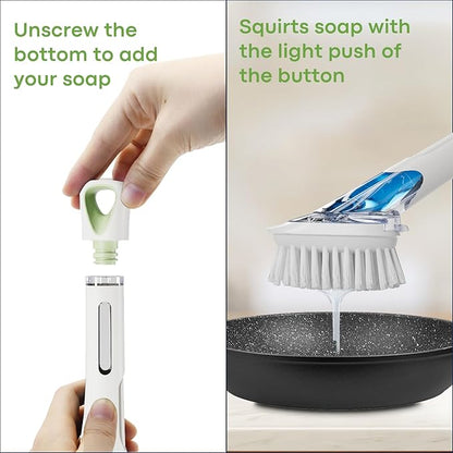 RIMAY Dish Brush with Soap Dispenser Storage Set, Soap Dispensing Dish Brush with 2 Pcs Brush Refills & Holder, Kitchen Dish Washing Wand with Handle for Dishes/Pans/Pots/Sink (White)