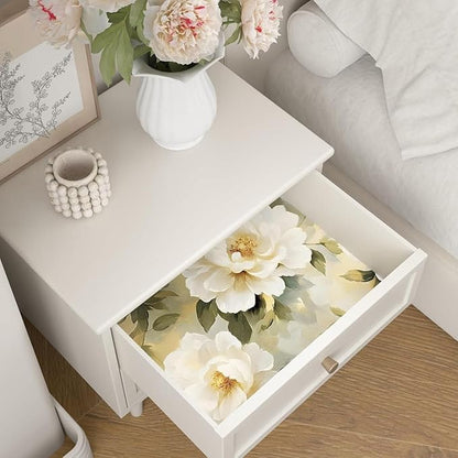 White Floral Wallpaper Peel and Stick,Oil Painting Beige Peony Contact Paper 17.5" x 393",Modern Watercolor Flower Wall Paper Self Adhesive Waterproof Removable for Girl Bedroom Shelve Cabinet Drawer