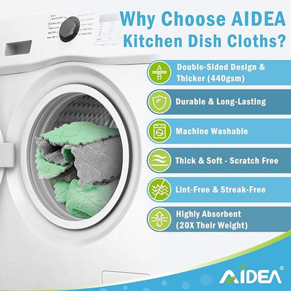 AIDEA Kitchen Towels, 12 Pack Absorbent Coral Fleece Dish Towels, No Odor Reusable Dish Cloths, Microfiber Cleaning Cloths, Fast Drying Dishcloths, 6.3" x10.4"