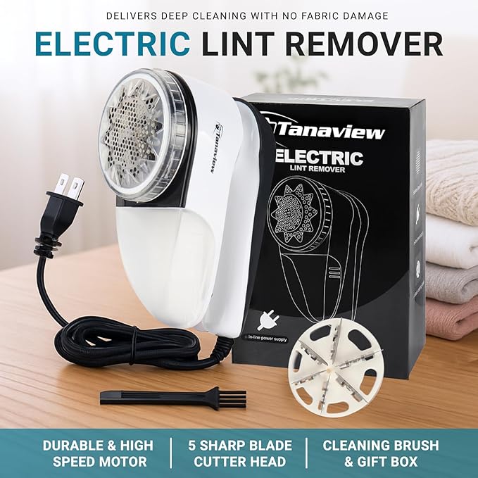 Power Corded Electric Fabric Shaver, No Battery, Pilling & Fuzz Remover for Clothes, Furniture, Couch, Sweaters - 6 Leaf Blades - Portable Defuzzer, Depiller with Stainless-Steel Blades