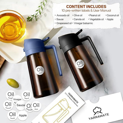 YARRAMATE 2Pcs 16oz/470ml Dark Brown Oil Sprayer for Cooking with Stickers, Food-grade Premium 2 in 1 Olive Oil Dispenser Bottle for Kitchen Gadgets, Air Fryer, Salad, Frying, BBQ (Black&Navy)