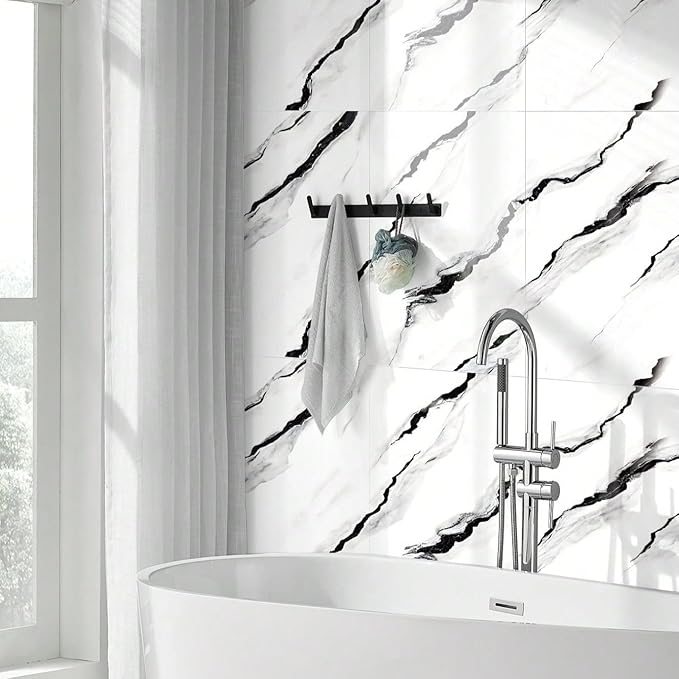 10pcsMarble Peel and Stick Waterproof Wall Panels,Backsplash Tile-23.6"x11.8"PVC Foam Wall Sticker for Kitchen,Living Rooms,Bedrooms TV Walls,Black and White,SlightlyYellowish(Not Real Tile 19.4Sq.Ft)
