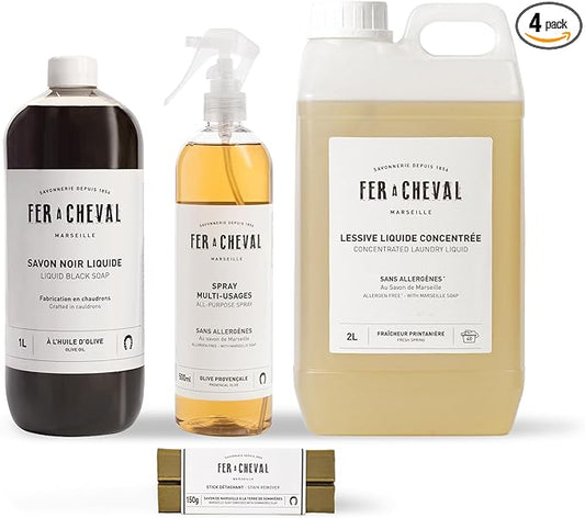 Fer à Cheval Bundles - Liquid Black Soap, Concentrated Laundry Liquid 2L/67.6oz, All-Purpose Spray Cleaner 500ml/16.9 fl oz, Stain Remover Stick with Sommières Clay