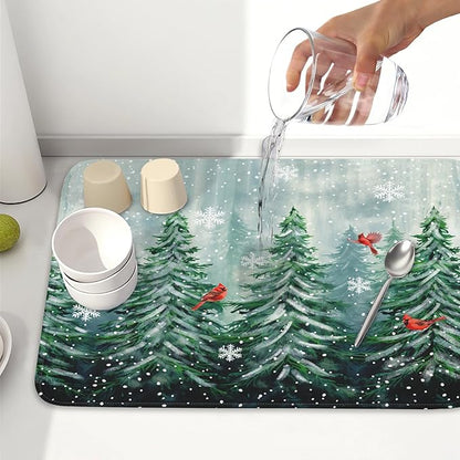 Winter Pines Tree Dish Drying Mats for Kitchen Counter, Christmas Tree Dish Mat Absorbent Reversible Microfiber Dish Drying Pad Winter Kitchen Drying Mat Dish Drainer Rack Mats for Coffee Bar 18"x24"