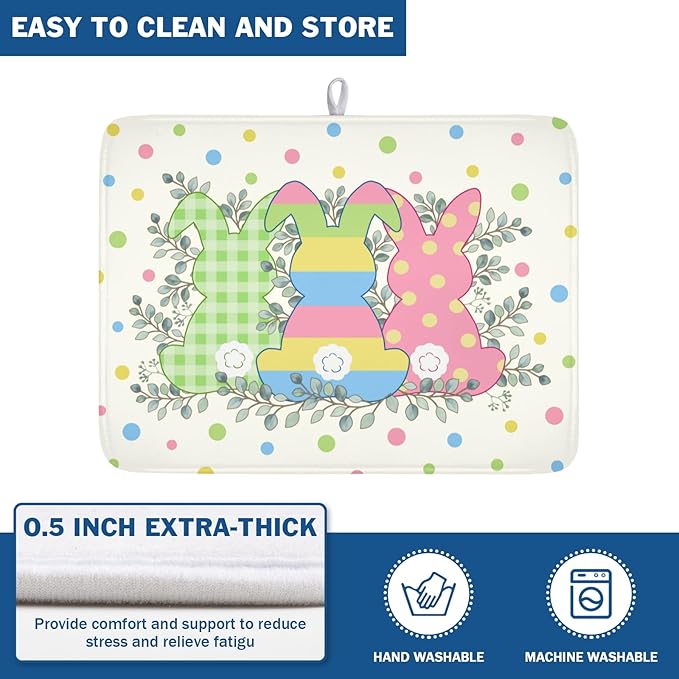 Easter Bunny Dish Drying Mat for Kitchen Counter Cute Rabbit Colorful Polka Dots Pattern Drying Mat 18x24 Inch Spring Holiday Absorbent Dish Drainer Mat Kitchen Accessories