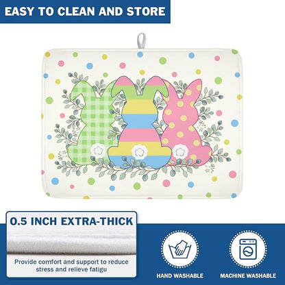 Easter Bunny Dish Drying Mat for Kitchen Counter Cute Rabbit Colorful Polka Dots Pattern Drying Mat 18x24 Inch Spring Holiday Absorbent Dish Drainer Mat Kitchen Accessories