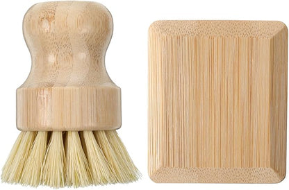 2Pcs Bamboo Cast Iron Brush Set, Wooden Dish Scrub Pan Scraper, Eco-Friendly Kitchen Scrub Brush for Household Cleaning, Cast Iron Skillets, Cookware, Dishes, Pans and Pots