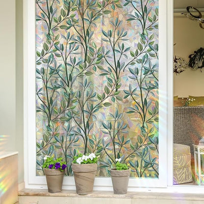 Runtoo Window Privacy Film Rainbow Plant Leaves Clings 3D Decorative Vinyl Stained Glass Window Decals Static Sticker Non-Adhesive, 15.75 x 79 inches