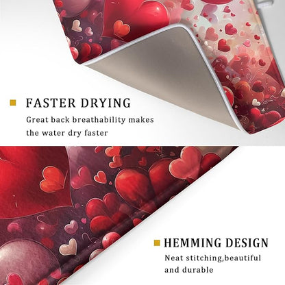 Valentines Day Dish Drying Mat for Kitchen Counter 24x18 Inch Red Heart Drying Mat with Absorbent Reversible Microfiber Holiday Love Dish Drainer Mats Rack Pad for Coffee Countertop Protector