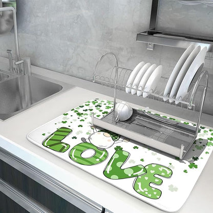 St Patrick's Day Gnomes Love Dish Drying Mat for Kitchen Counter,Green Shamrock Clovers Drying Mat 18 x 24 Inch with High Absorbent Microfiber Drainer Mat for Coffee Bar