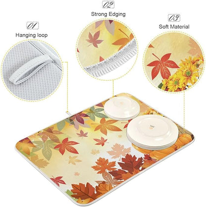 Autumn Fall Dish Drying Mat for Kitchen Counter Pumpkin Maple Leaves Drying Mat 18 x 24 Inch with Absorbent Reversible Microfiber Dish Drying Pad Dish Rack Drainer Mats for Coffee Bar