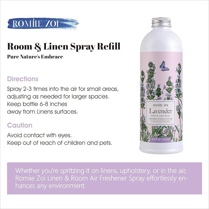 ROMIIE ZOI Lavender Room Spray Refill - 500ml / 16.8 Fl Oz - Calming Scent for Bedtime Relaxation & Better Sleep - Concentrated Air Freshener