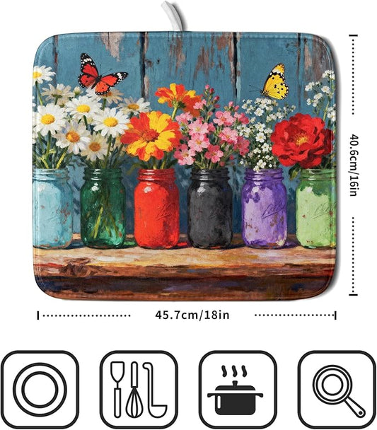 Spring Summer Floral Dish Drying Mat for Kitchen Counter 16x18 Woodgrain Colorful Flower Butterfly Seasonal Absorbent Reversible Microfiber Drying Mats Kitchen Countertop Protector Dishes Drainer Pad