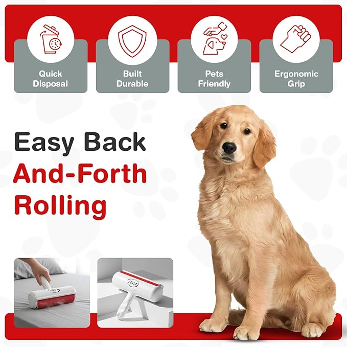 YOLLO Roller Pet Hair Remover - Portable Dog Hair Remover - Self-Cleaning Pet Hair Remover with Built-in Fur Bin, Reusable Lint Remover for Dog & Cat Hair on Furniture, Carpet, Sofa, Bed, Car - White