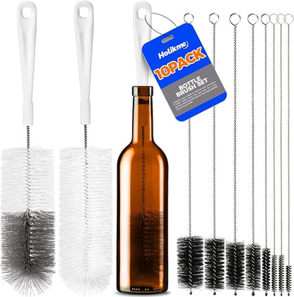 Holikme 10 Pack Bottle Brush Cleaner Set, 15" Long Handle Bottle Cleaner Brush, Flexible Long Handle Water Bottle Brush for Narrow Neck Beer Wine, 8 Straws, Abrasive Spiral Brushes, White Grey