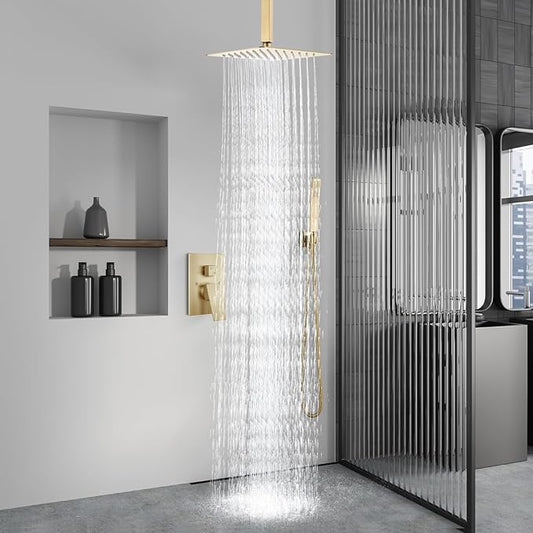 Aolemi Ceiling Mount Shower System Rain Shower Head with Handheld Spray High Pressure Shower Faucet Set Rough-in Valve Shower Trim Kit Included Bathroom Brused Gold 12 Inch Ceiling Shower Head