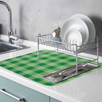 Dish Drying Mat Green White Check Plaid Drying Mats for Kitchen Counter Farmhouse Style Absorbent Microfiber Dish Drainer Quick Drying Coffee Mat with Hanging Loop, 16 x18 inch
