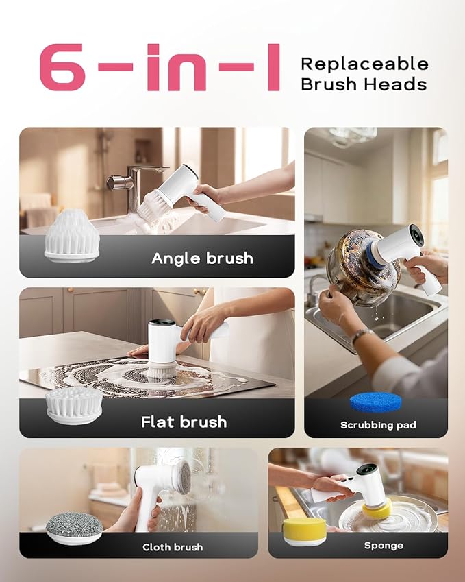 PUFTEM Upgraded Electric Spin Scrubber, Powerful Cordless Shower Scrubber with 4500mAh Large Battery & Speed Display, 6 Replaceable Brush Heads, Cleaning Brush for Bathroom Tile Tub Floor (White)