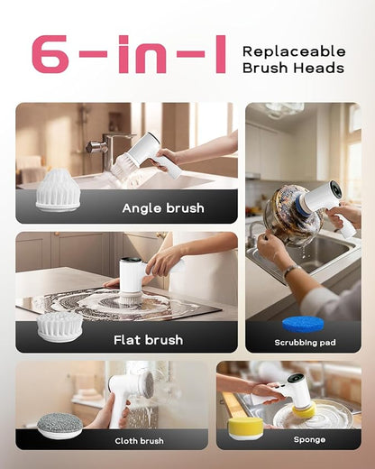 PUFTEM Upgraded Electric Spin Scrubber, Powerful Cordless Shower Scrubber with 4500mAh Large Battery & Speed Display, 6 Replaceable Brush Heads, Cleaning Brush for Bathroom Tile Tub Floor (White)