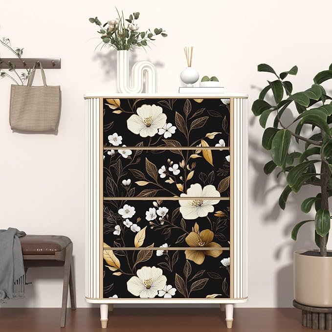 Fvlow Dark Floral Wallpaper Peel and Stick 17.4" x 394", Vintage Golden Contact Paper Waterproof Moody Self Adhesive Covering for Bedroom Cabinet Bathroom, Retro Flower Pattern Design Wall Decor Black