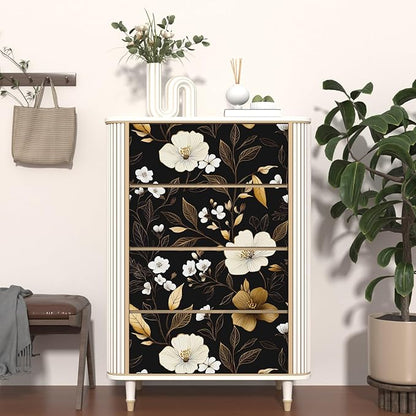 Fvlow Dark Floral Wallpaper Peel and Stick 17.4" x 394", Vintage Golden Contact Paper Waterproof Moody Self Adhesive Covering for Bedroom Cabinet Bathroom, Retro Flower Pattern Design Wall Decor Black