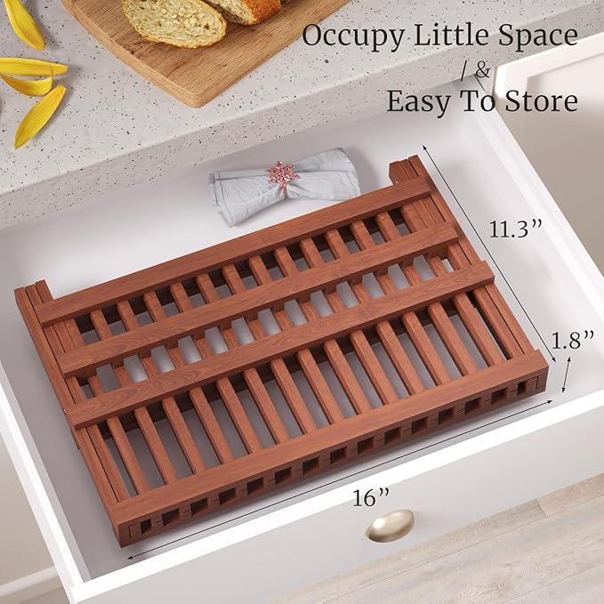 VERTORGAN Teak Dish Drying Rack,Folding Collapsible Drainer Plate Organizer Holder for Kitchen,Foldable Spice Rack for Countertop and Cabinet,Pantry Organization and Storage