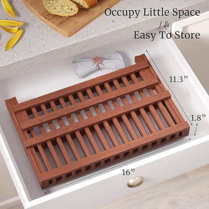 VERTORGAN Teak Dish Drying Rack,Folding Collapsible Drainer Plate Organizer Holder for Kitchen,Foldable Spice Rack for Countertop and Cabinet,Pantry Organization and Storage