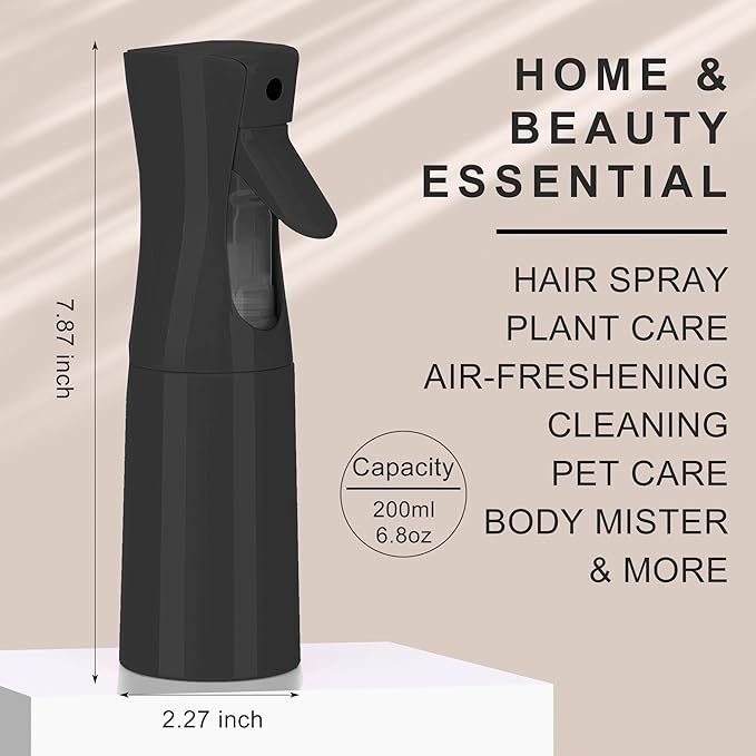 (Black Hair Mister Spray Bottle，Spray Water Bottle Fine Mist Refillable Plants（6.8OZ /200ML） Barber，Showering Pets, Plants, travel, Ironing and Cleaning ﻿ ﻿ ﻿(Continuous Spray)