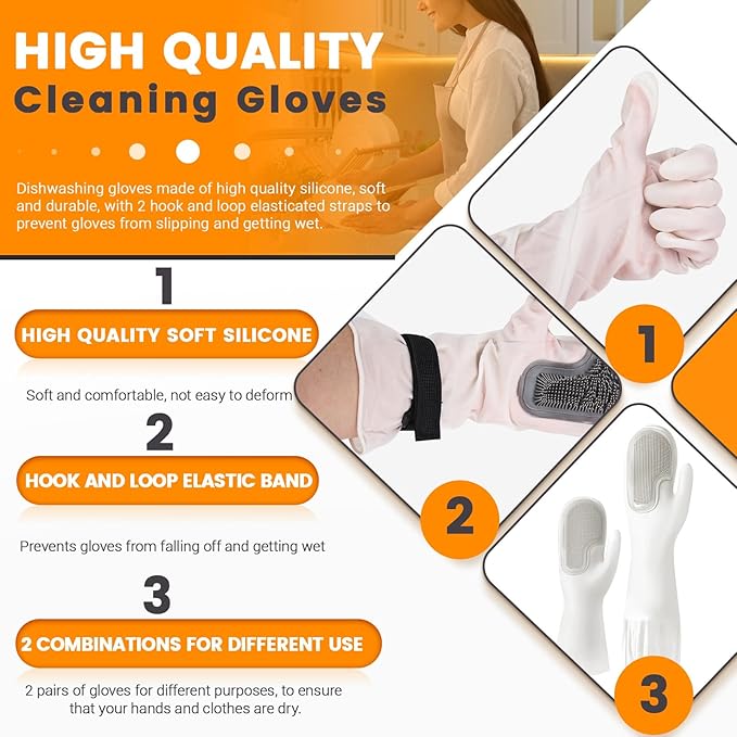 2 Pairs Silicone Dishwashing Gloves, Reusable Rubber Scrub Cleaning for Washing Dishes Gloves