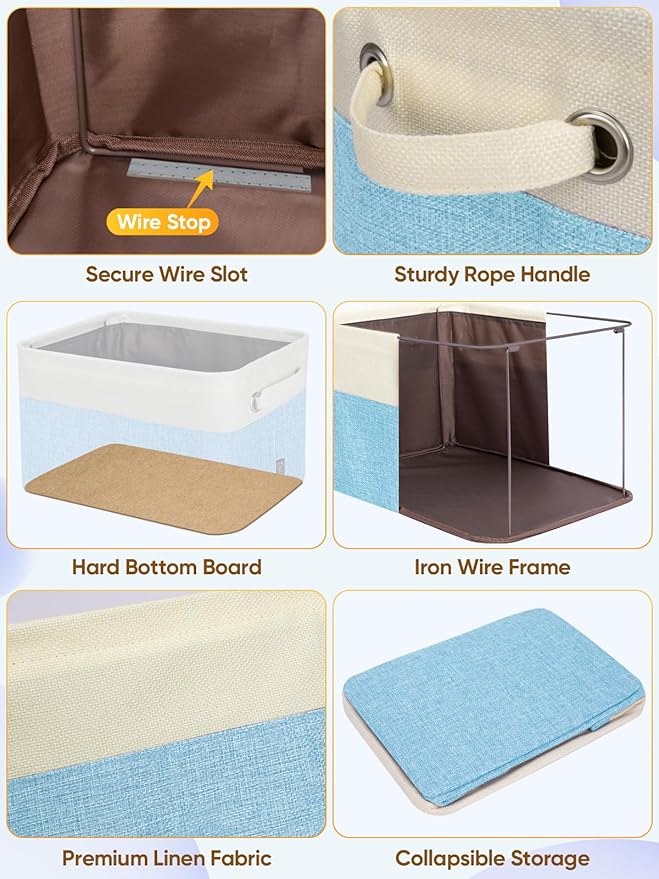 BALEINE 3 Pack Fabric Closet Storage Bins for Shelves, Linen Closet Organizers and Storage, Decorative Baskets for Organizing, Shelf, Clothes, Home, Office (Skyblue, 17''x13''x10.5'')