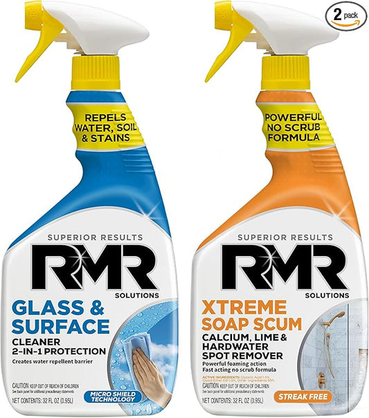 RMR Shower Shield Power Pack – Glass & Surface Cleaner/Repellent + Xtreme Soap Scum Remover, Multi-Surface Cleaning Kit for Bathroom, Tile, Glass, & Surfaces, 2–32 Oz Bottles