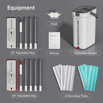 Dual Mop and Bucket Set, Flat Mop and Bucket System with Separate Dirty and Clean Water, 3-Compartment Wall Cleaner Mop, Flat Mops for Floor Cleaning with 6 Microfiber Pads