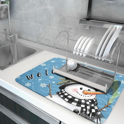 Christmas Snowman Dish Drying Mat for Kitchen Counter 18x24 Blue White Snowflake Welcome Winter Holiday Absorbent Reversible Microfiber Drying Mats Kitchen Countertop Protector Dishes Drainer Rack Pad