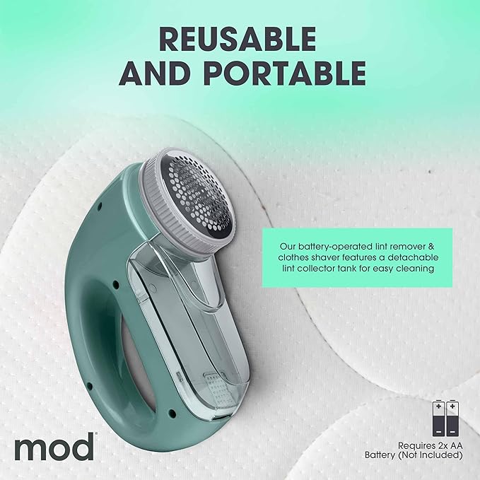 MOD Portable Fabric Shaver and Lint Remover, Reusable Pet Hair Remover, Lint Roller for Clothes, Sweater Shaver, Couch, Blankets, Curtains with Detachable Lint Collector Tank, Battery Operated, Green