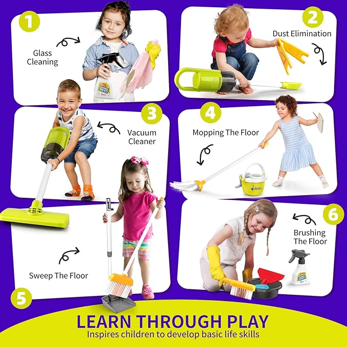 Toddler Toys Cleaning Set, Kids Cleaning Toy Set, Pretend Play Home Cleaning Playset - Incl.Electric Toy Vacuum, Broom and Dustpan Set, Mop,Duster and More,Cleaning Tools Toys for Boys Girls