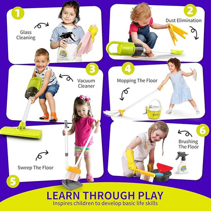 Toddler Toys Cleaning Set, Kids Cleaning Toy Set, Pretend Play Home Cleaning Playset - Incl.Electric Toy Vacuum, Broom and Dustpan Set, Mop,Duster and More,Cleaning Tools Toys for Boys Girls