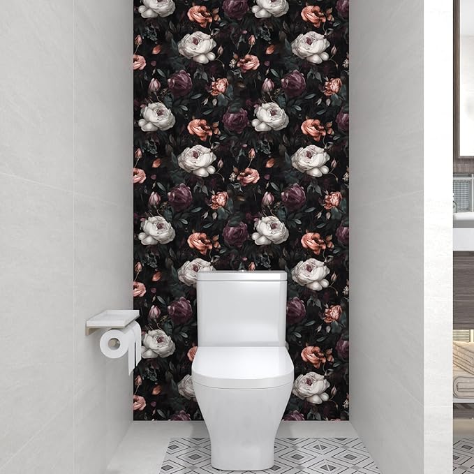 Laatse Dark Floral Peel and Stick Wallpaper Vintage Floral Contact Paper Waterproof Self Adhesive Boho Decor Black Rose Wall Paper for Bedroom Walls Bookcase Drawers 17.5in x 6.5ft
