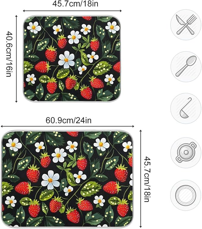 Strawberries White Flowers Dish Drying Mat for Kitchen Counter Absorbent Microfiber Drying Pad, Medium 16x18 in, Reversible Drainer Mats