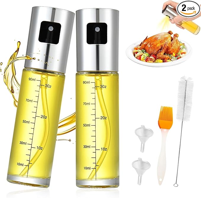 Olive Oil Sprayer for Cooking, 100ml Glass Oil Mister Bottle for Air Fryer, BBQ, Salad & Baking – Fine Mist, Leak-Proof Stainless Steel Dispenser with Brush, Funnel & Cleaning Kit (2 Pack)