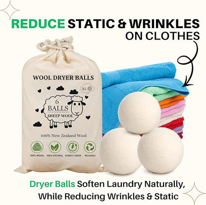Wool Dryer Balls – 100% New Zealand Wool, Reduces Drying Time, Softens Laundry&Removes Wrinkles, Alternative to Plastic Balls & Natural Fabric Softener, Reusable Eco-Friendly Dryer Balls(Pack of 6 XL)