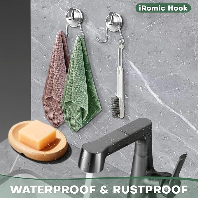 Stainless Steel Suction Cup Hooks for Shower, Bathroom, Kitchen, Glass Door, Mirror, Tile – Loofah, Towel, Coat, Bath Robe Hook Holder,(2-PCS),Brushed Silver