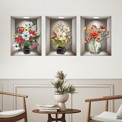 Supzone 3D Vase Wall Stickers - 3 Pcs Vintage Flower Wall Art, Colorful Floral Blossom Wall Decals, Self-Adhesive for Bedroom, Living Room, Sofa Backdrop, Yoga Room