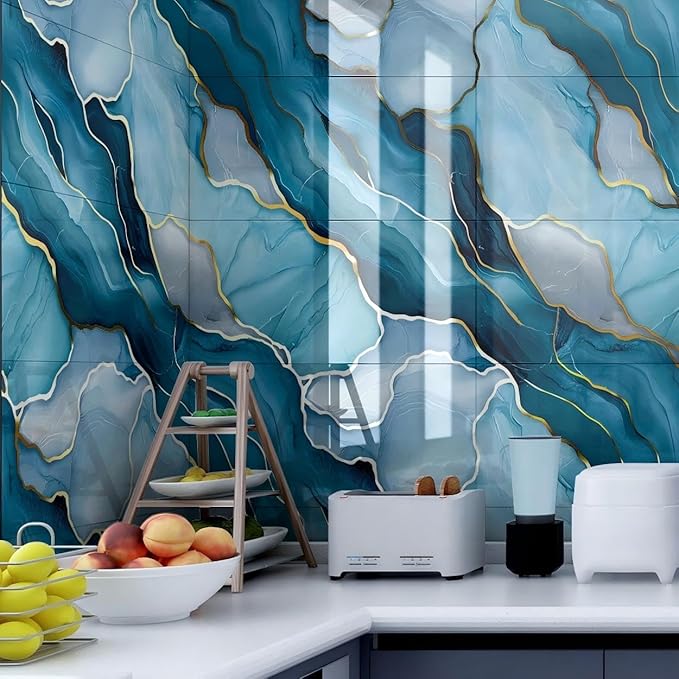 Chejiaye 10pcs Marble Peel and Stick Waterproof Wall Panels,Heat-Resistant Backsplash Tile, 23.6"x11.8" PVC Foam Wall Sticker for Kitchen,Living Rooms,TV Walls,Blue Wave (Not Real Tile 19.4Sq. Ft.)
