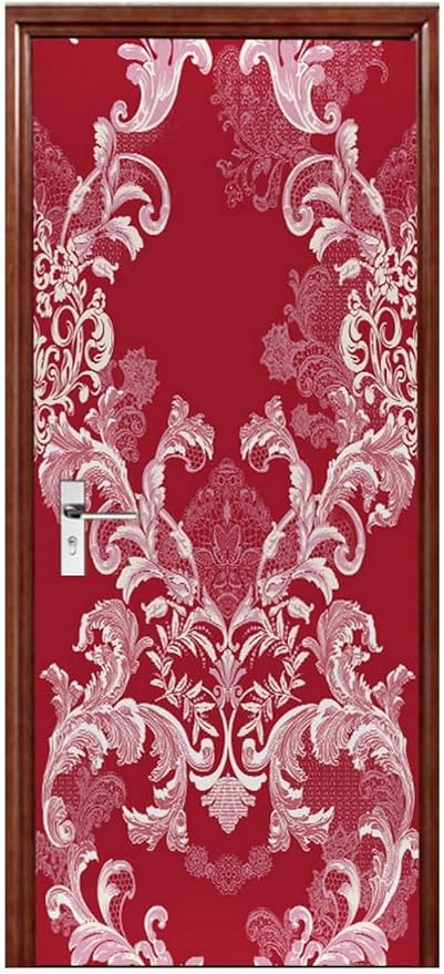 A.Monamour 3D Door Stickers for Interior Doors Damask Pattern of Flowers and Leaves in Red Color Vinyl Waterproof Self Adhesive Door Mural Decals for Bedroom Office Bathroom 85x200cm