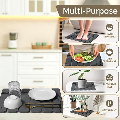 Large Stone Dish Drying Mat for Kitchen Counter, 2PCS Quick Dry Stone Dishes Mat,Foldable Water Absorbing Diatomaceous Drying Organizer Pad for Plate Rack Bottles Utensils(Dark Gray 16"x12" & 8“x4")