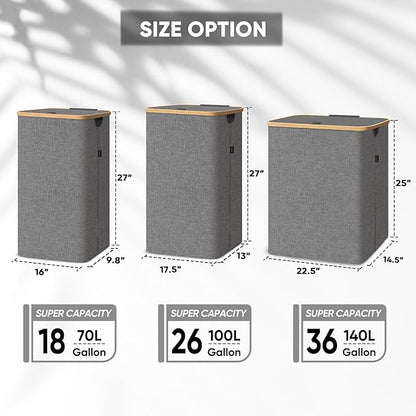 BALEINE Laundry Hamper with Lid, Tall Laundry Baskets with Bamboo Pull Handles, Large Laundry Bin with Internal Support (26 Gal/100L, Beige) (Pack of 2)