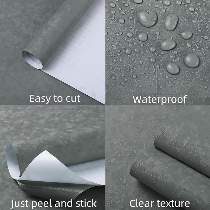 Yasinet Peel and Stick Wall Paper Removable Wallpaper Modern Grey-Green Embossed Thicken Self Adhesive Wallpaper Textured Contact Paper for Cabinets Walls Waterproof Vinyl Roll 78.7"x 15.7"