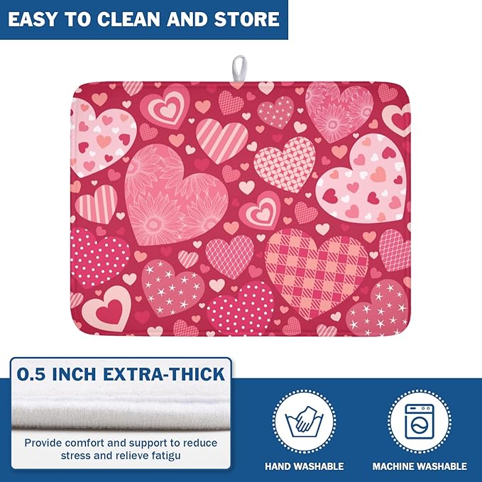 Valentine's Day Dish Drying Mat 18 x 24 Inch Heart Shaped Pattern Dish Drying Pad Absorbent Microfiber Mats for Red Dish Rack Pad for Kitchen Counter Coffee Bar Decor