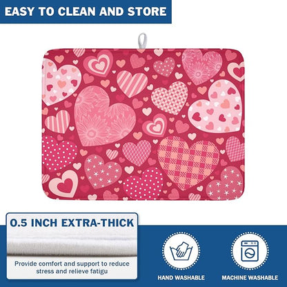 Valentine's Day Dish Drying Mat 18 x 24 Inch Heart Shaped Pattern Dish Drying Pad Absorbent Microfiber Mats for Red Dish Rack Pad for Kitchen Counter Coffee Bar Decor