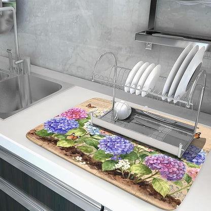 Vintage Flowers Dish Drying Mat Large 24 X18 Hydrangea Microfiber Drying Matt Kitchen Counter